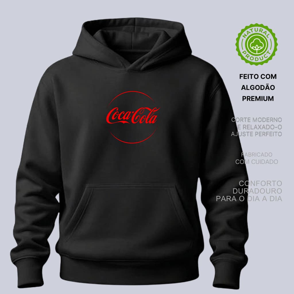 Blusa de Frio Moletom Grosso Coca-Cola Casaco Estilo Abrigo Canguru Bolso Capuz Modelo Premium