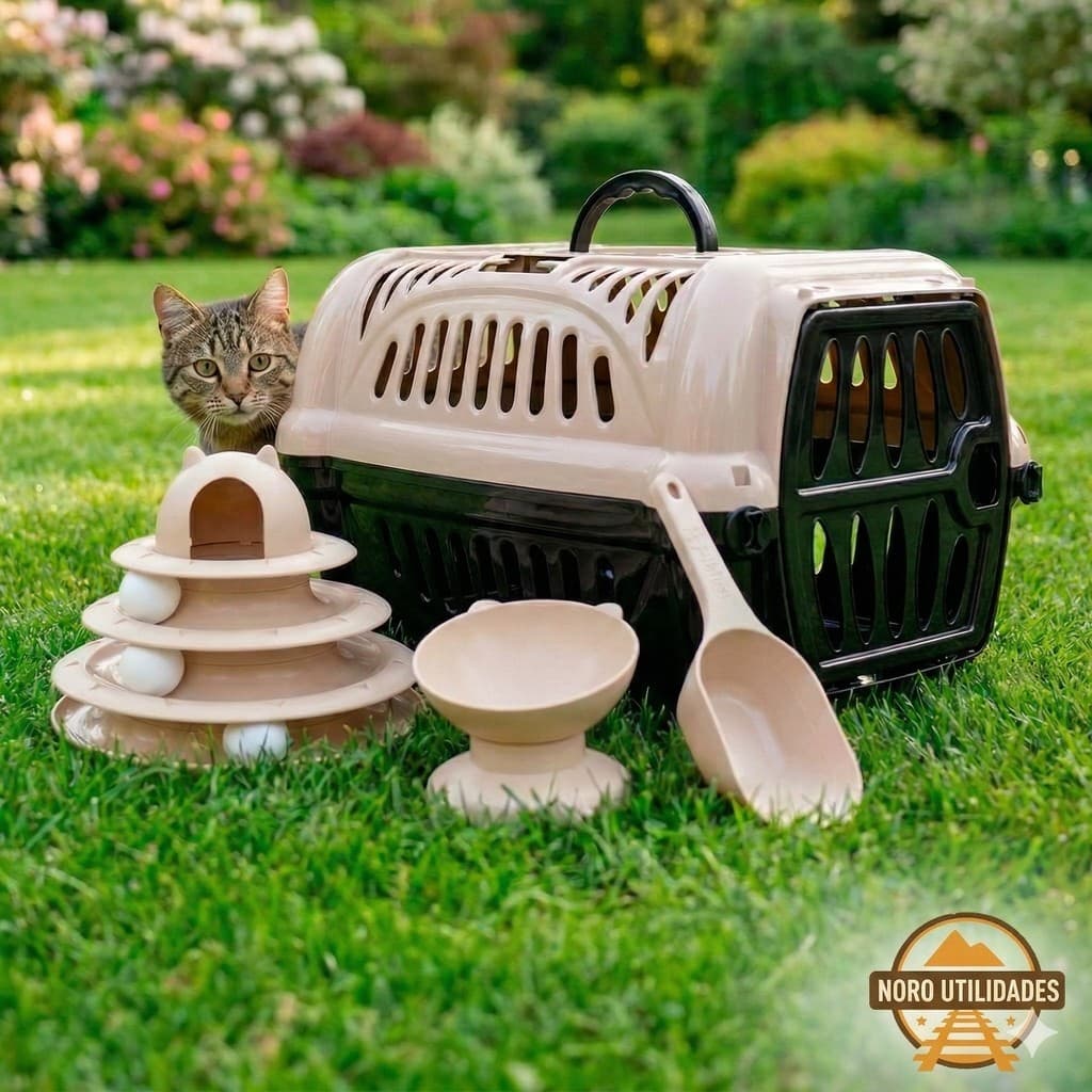 Kit Pet Gato Completo Comedouro Elevado Torre Bolinhas Pá Dosadora Caixa Transporte Top JelPlast
