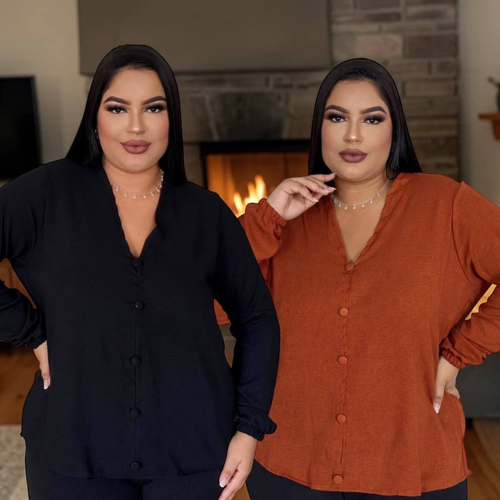 Blusa Plus Size Feminina Manga Longa Botões Encapados Roupa Feminina Moderna M ao G3