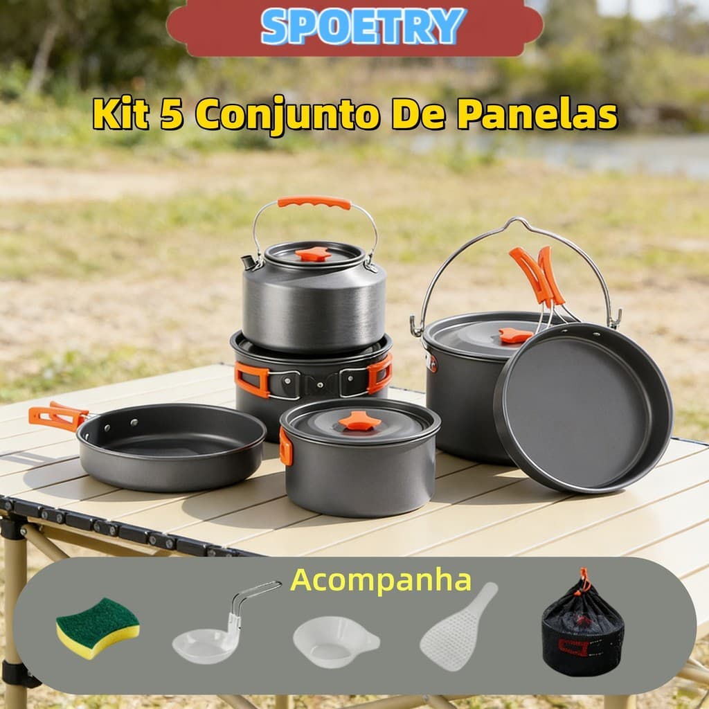Kit 5 Conjunto De Panelas Ao Ar Livre De Acampamento 7-9 Pessoas Fogão Portátil Chaleira Utensílios Piquenique