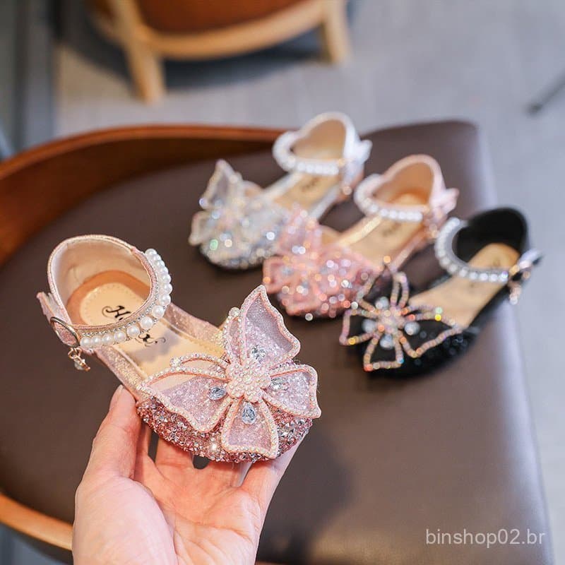 Sapatos de Bebê Sandálias para Meninas Coreanas com Laço de Princesa para Crianças Sapatos de Lantejoulas Sapato