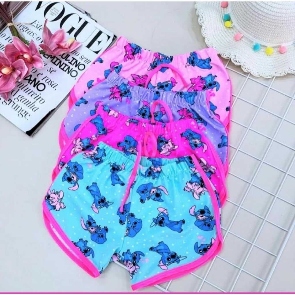 Short Infantil Menina Stitch Verão Praia Piscina  Tendência Moda Blogueirinha