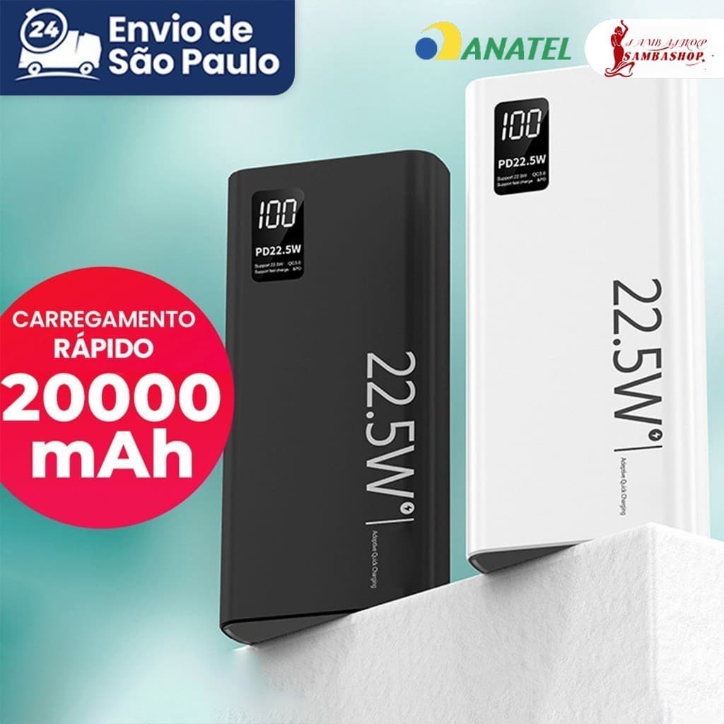 Power Bank Turbo 20000mAh 22.5W Carregamento Rápido com Tela LCD - Original e Eficiente