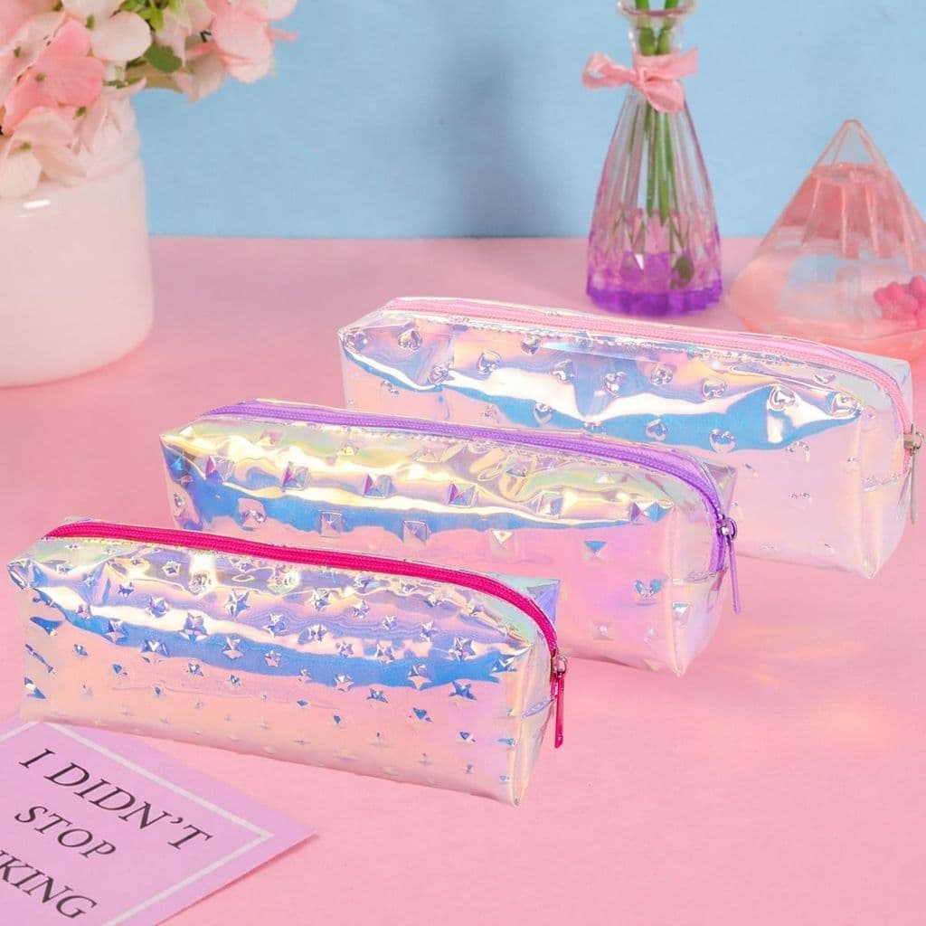 Estojo Holográfico Transparente Feminino com Zíper Para Canetas, Lápis e Material Escolar