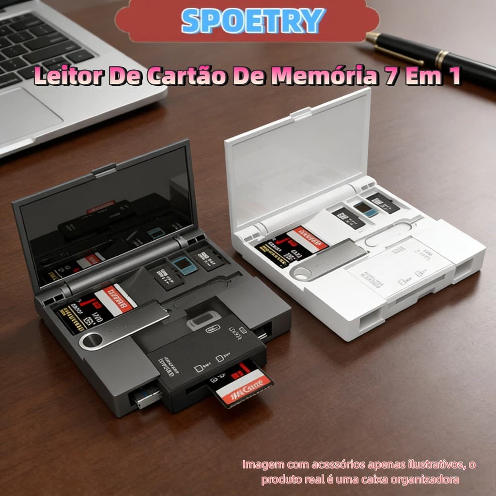 Leitor de cartão de memória portátil 7 em 1 com interface USB integrada, compatível com celulares e computadores