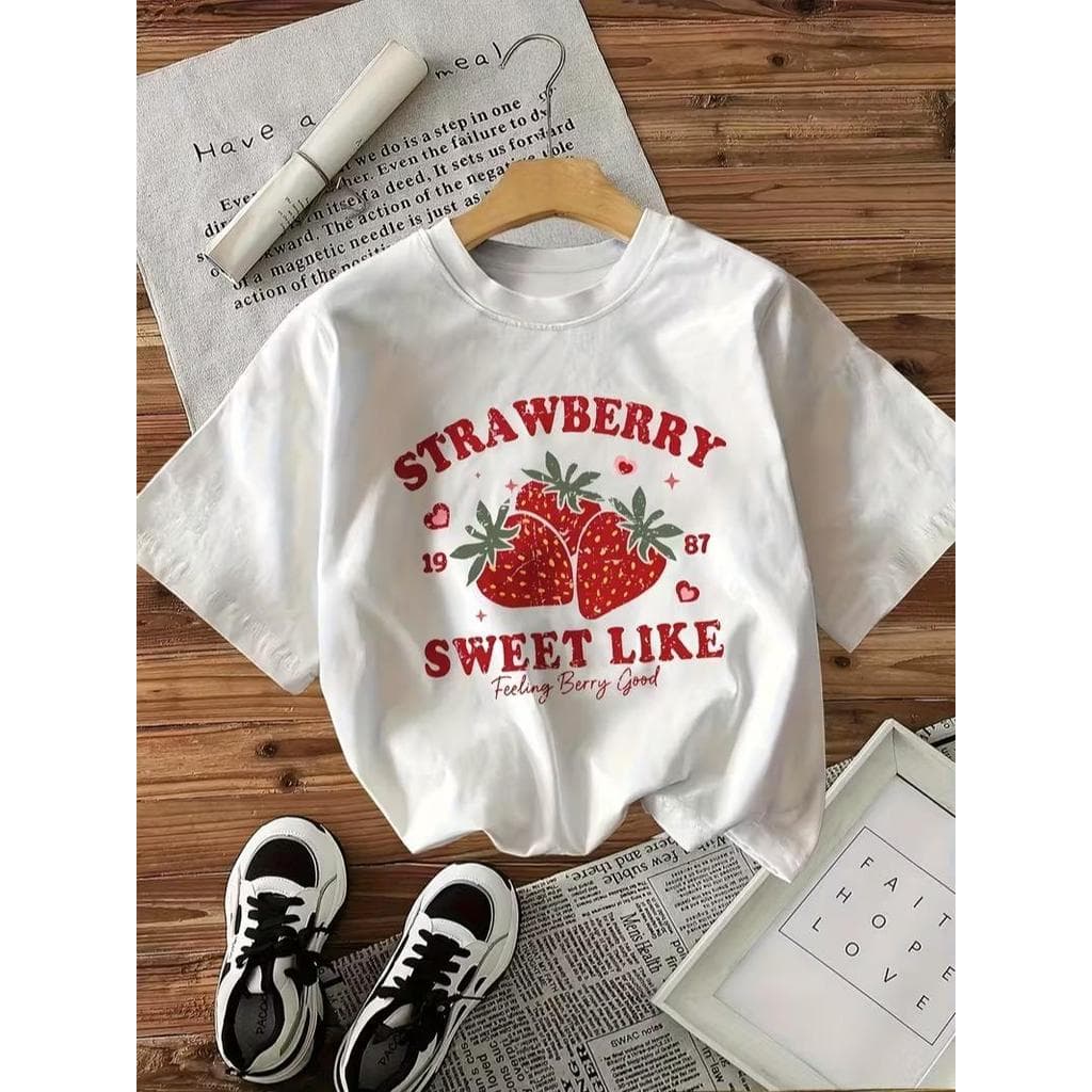 Camiseta Feminina Streetwear Algodão Penteado Infantil Adulto Plus Size Estampa Morango Strawberry Frua Meigo Mofa