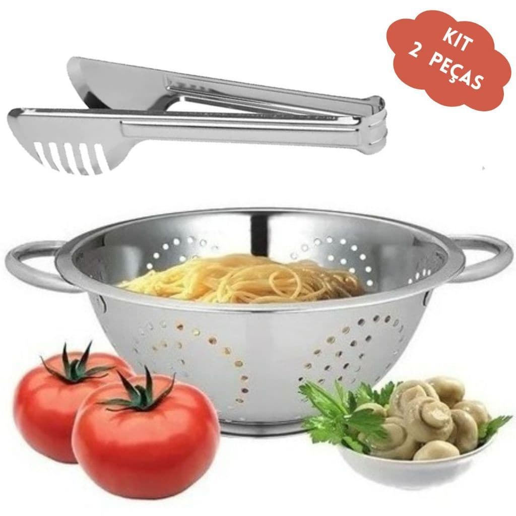 Escorredor de Massas Macarrão Multiuso em inox com alça 24 Cm com pegador
