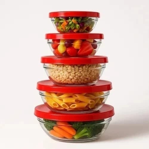 Conjunto 5 Potes Vidro Recipiente Guarda Fruta Condimentos Marmita Tigela Conserva Alimentos