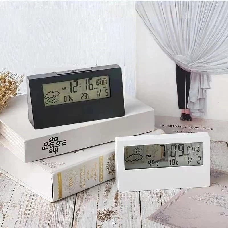 Relógio Despertador Digital Branca, Cinza e Preta Data Hora Temperatura Escritório Bancada