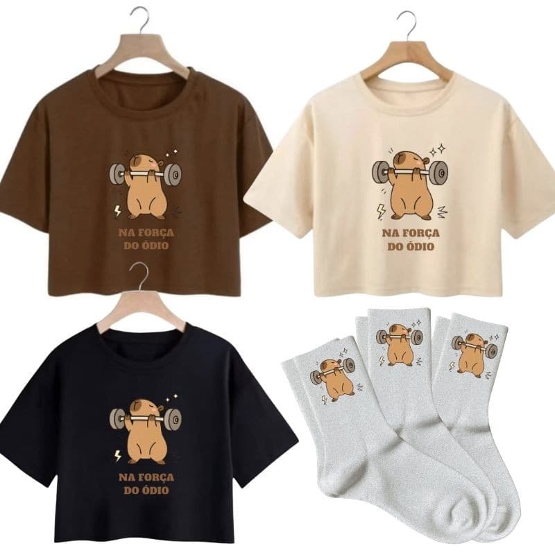 Kit 3 Cropped Feminino Algodão + 3 Meias Estampadas Confortáveis Capivara Lançamento Academia