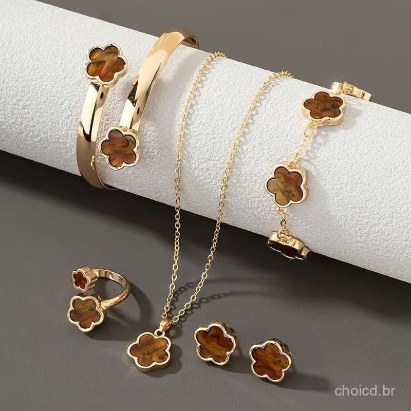 Conjunto de Joias Flor da Sorte, Pulseira de Acrílico, Colar de Trevo, Brincos Femininos 0UKP