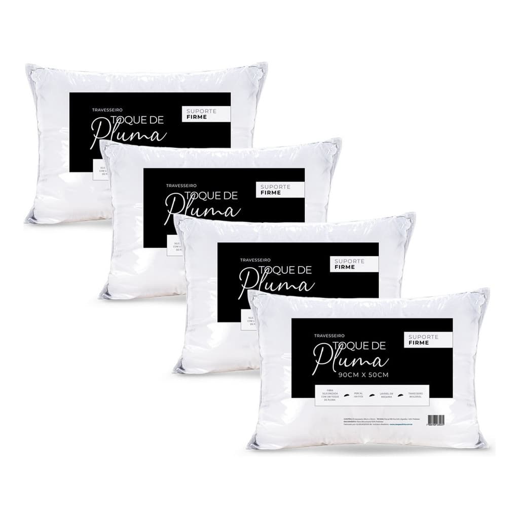 Kit Com 4 Travesseiros Suporte Firme 90 X 50 Toque De Pluma Ganso Máximo Conforto