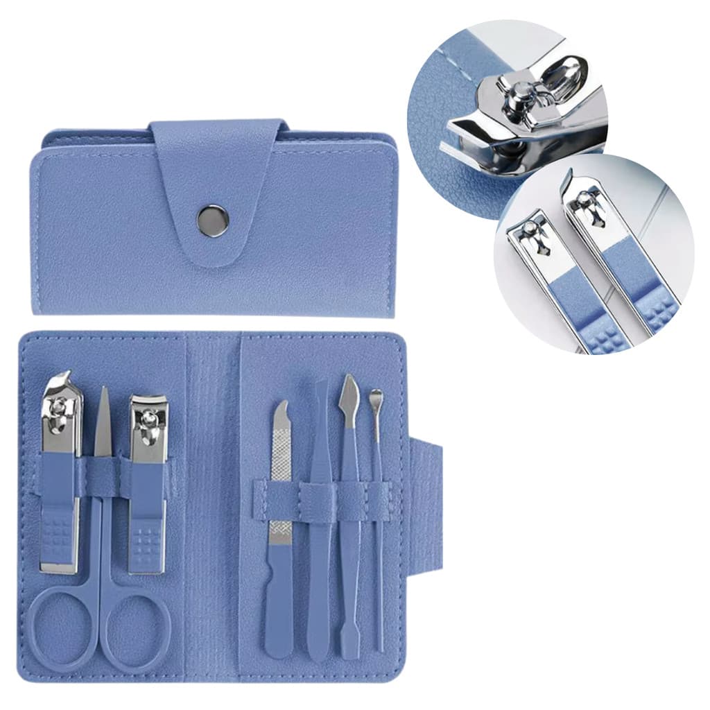 Kit 7 Peças Completo Cortador De Unha Cutícula Pinça Tesoura Lixa Manicure Com Estojo Azul