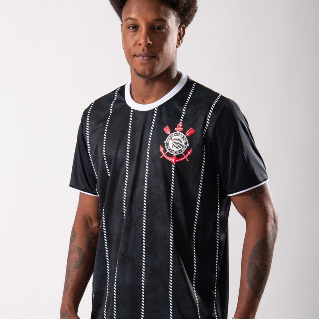Camiseta Corinthians Masculino Licenciada Braziline Preta Listrada Camisa de Time Torcedor Casual Timão Original Premium