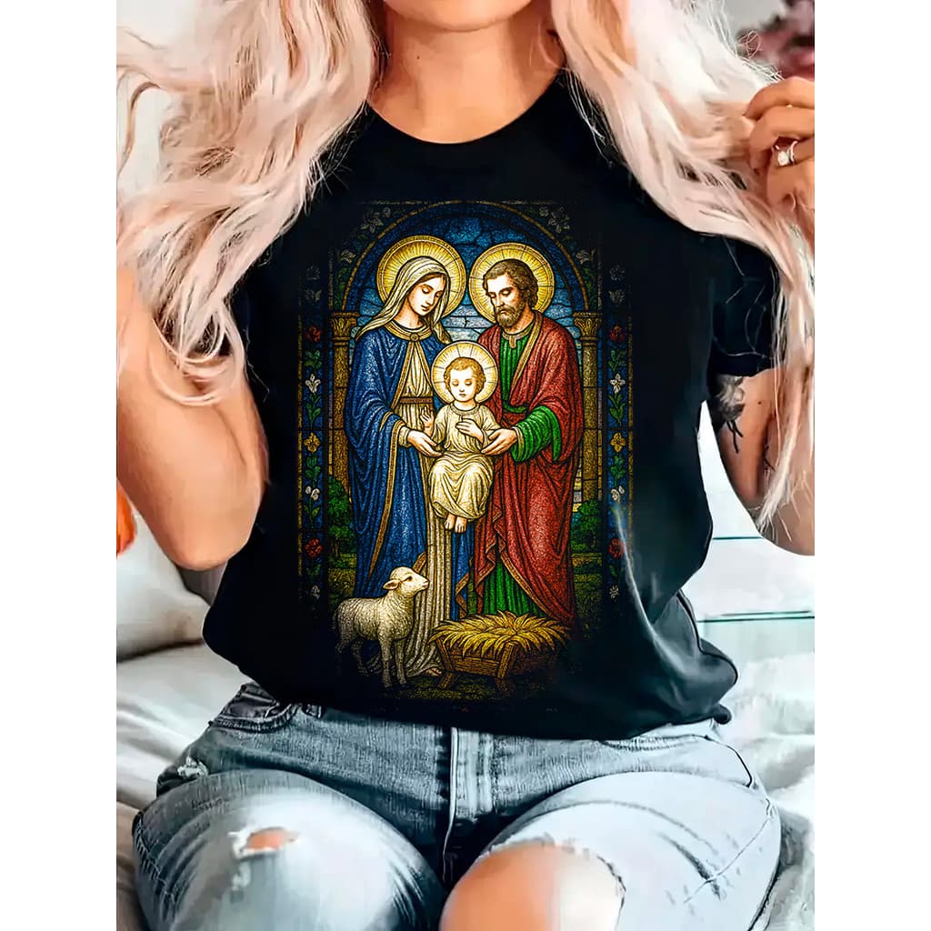 Camiseta Feminina Sagrada Família Estampa Católica 100% Algodão Arte Religiosa Blusinha Femenina