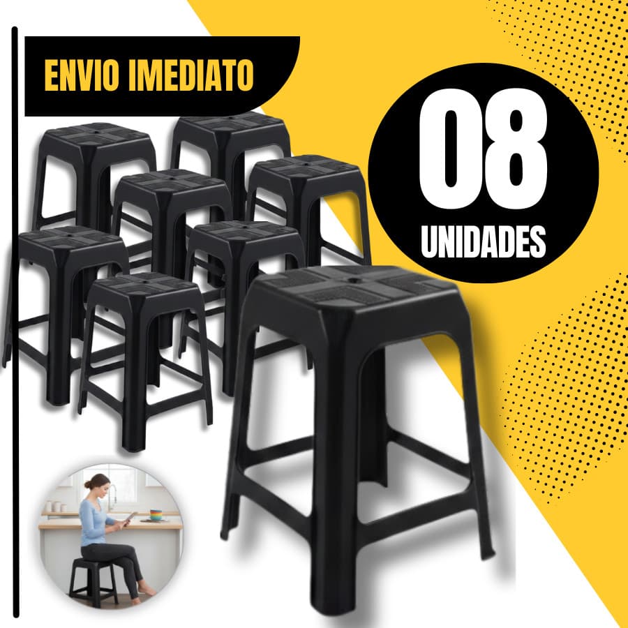 Kit 8 Banqueta Preta De Plástico Resistente Reforçada Adulto Suporta Até 120kg