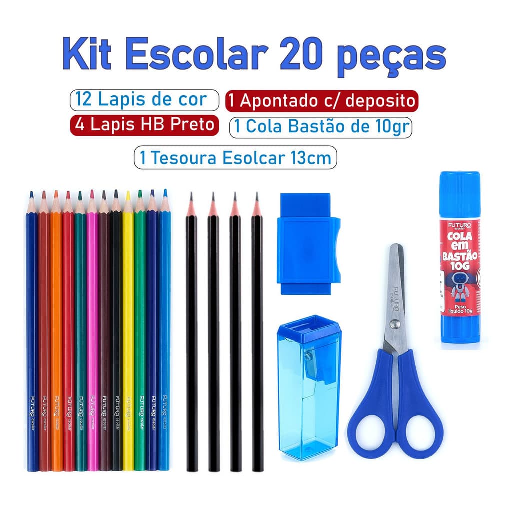Kit Escolar Lápis De Cor Apontador Borracha Cola Tesoura Az