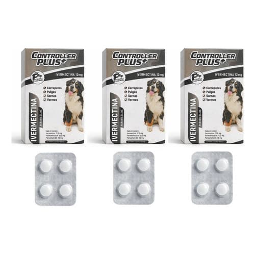 Kit 3 Vermífugo Para Cães Grandes 30kg A 60kg Ivermectina 12mg Remédio Carrapato Pulga Verme Sarna