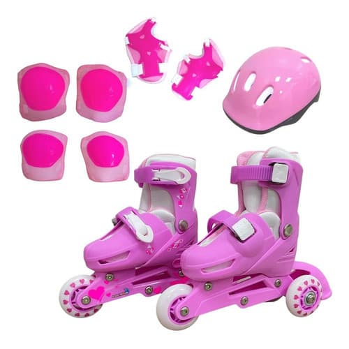 Kit Patins Infantil Ajustável 2 em 1 Importway Rosa com Joelheiras e Luvas