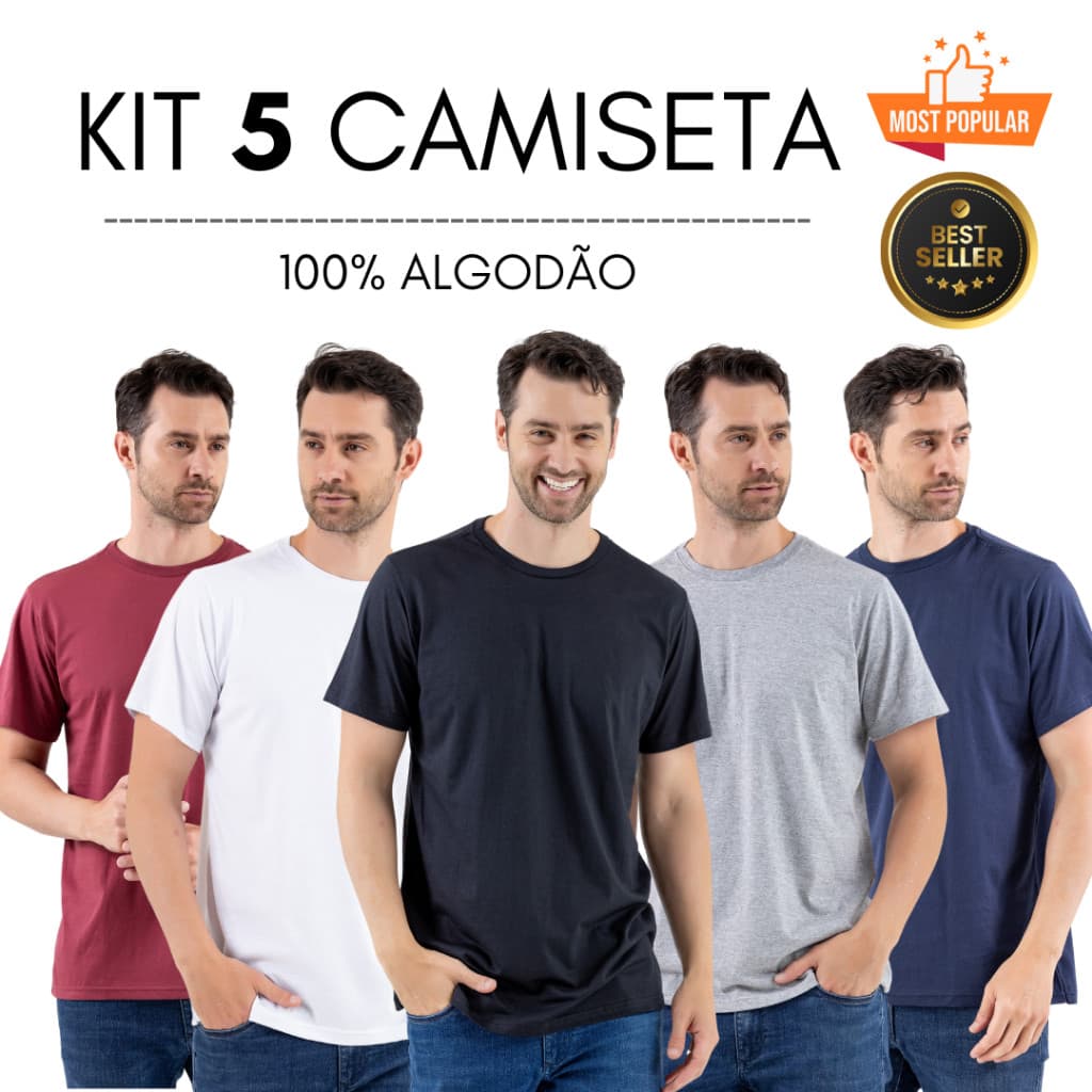 Kit 5 (cinco) Camiseta Masculina Lisa 100% Algodão