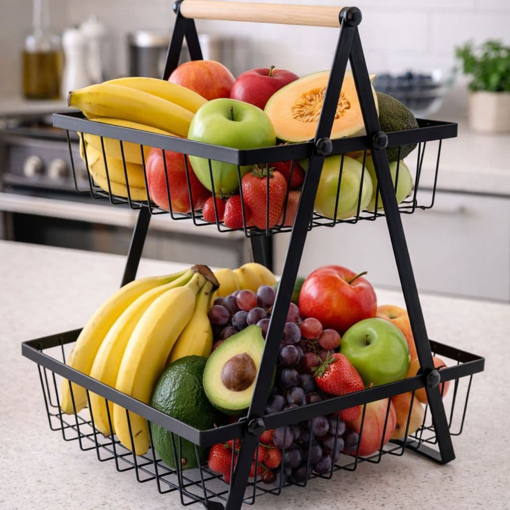 Organizador Multiuso Frutas e Acessórios com 2 Andares 33cm Fruteira de Bancada Cozinha Suporte Aço