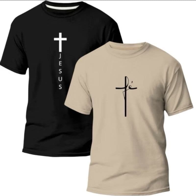 Kit 2 Camiseta Evangélica Fê 100%Algodão Básica Casual