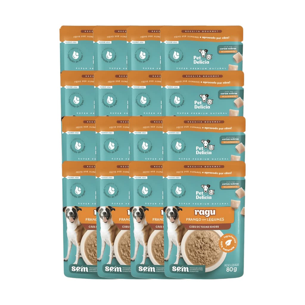 KIT com 16 PET DELÍCIA SACHE RAGU FRANGO COM LEGUMES CAES 80G