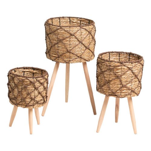 Kit com 3 Vaso Fibra Natural com Pé Madeira 33cm/45cm/57cm