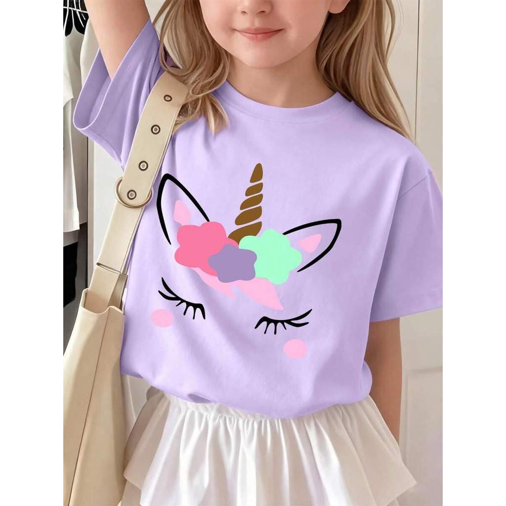 Camiseta de Manga Curta com Estampa de Unicórnio para Meninas, Casual Folgada, Vestuário Infantil Versátil