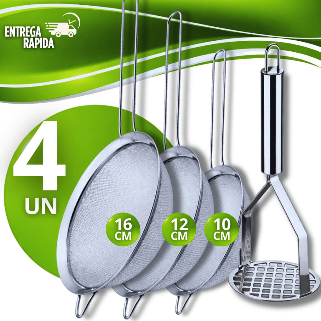kit Peneira Coador Manual Aço Inox 10/12/16cm + 1 Amassador de Batata Utensílios Papinha Pure Receita Cozinha