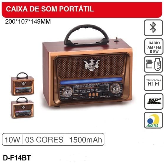 Rádio retro portátil grasep AM/FM/SW 10W RMS D-F14BT