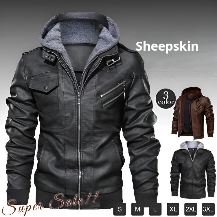 【Couro Legítimo/Proteção Anti-Vento】Jaqueta Masculina com Capuz Couro Motociclista/Casaco de Inverno/Estilo Urbano