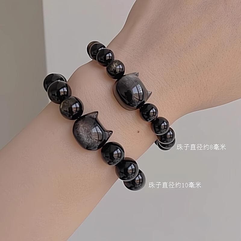 Noite escura elfo prata Natural obsidiana pulseira menina cabeça de gato sorte transferência bonito obsidiana pulseira ú