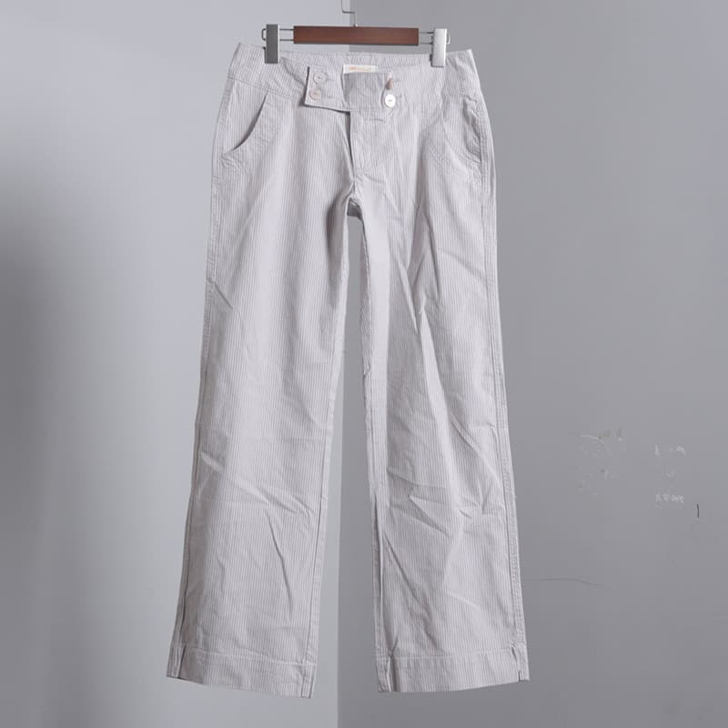 Cintura baixa café cinza listras duplo Breasted calças de perna larga Jeans feminino estilo fino verão Retro calças