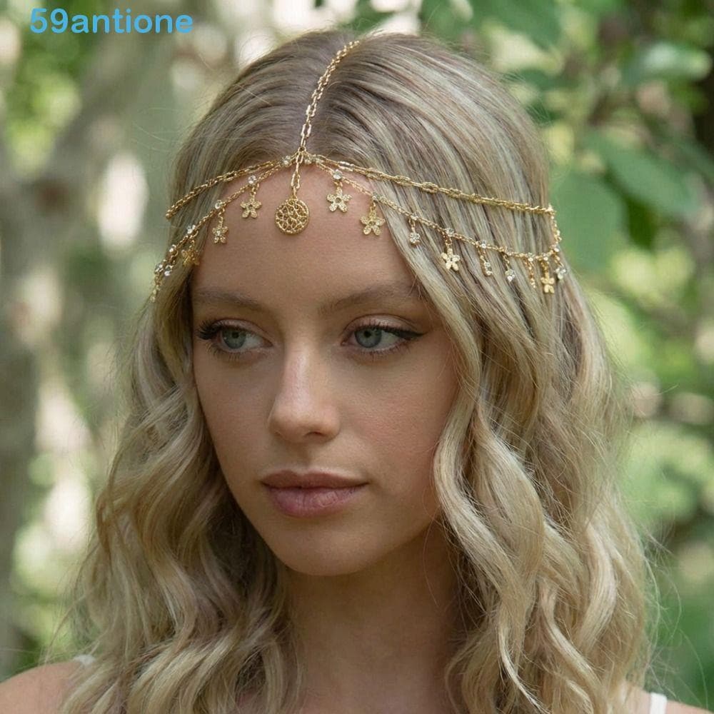 ANTIONE Bohemian Testa Headpiece , Estilo Coreano Boho Long Tassels Hair Chain , Ouro Strass Corrente