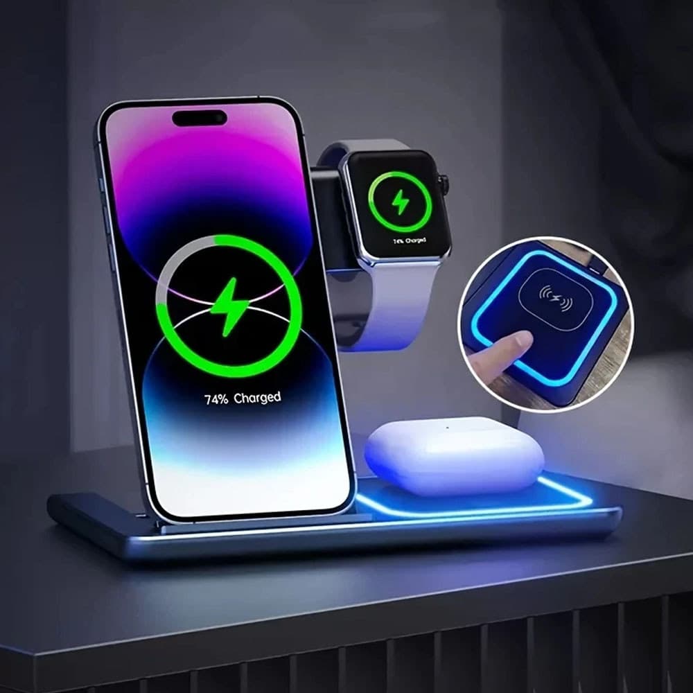 3-Em-1 LED Carregador Rápido Sem Fio Suporte Estação De Carregamento Dobrável Para iPhone Apple Watch E Conveniente