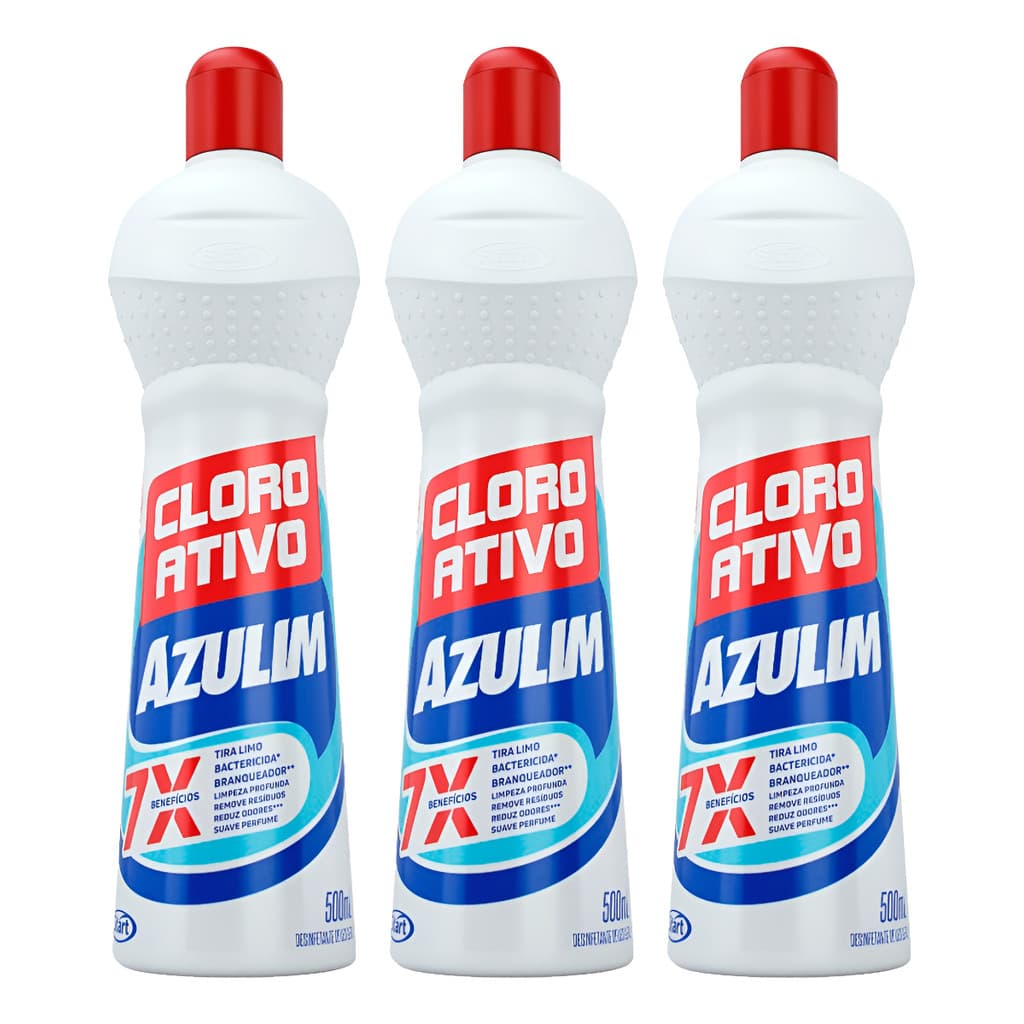 3 Unid Clor. Ativo Azulim 500ml Squeeze Bactericida Banheiro