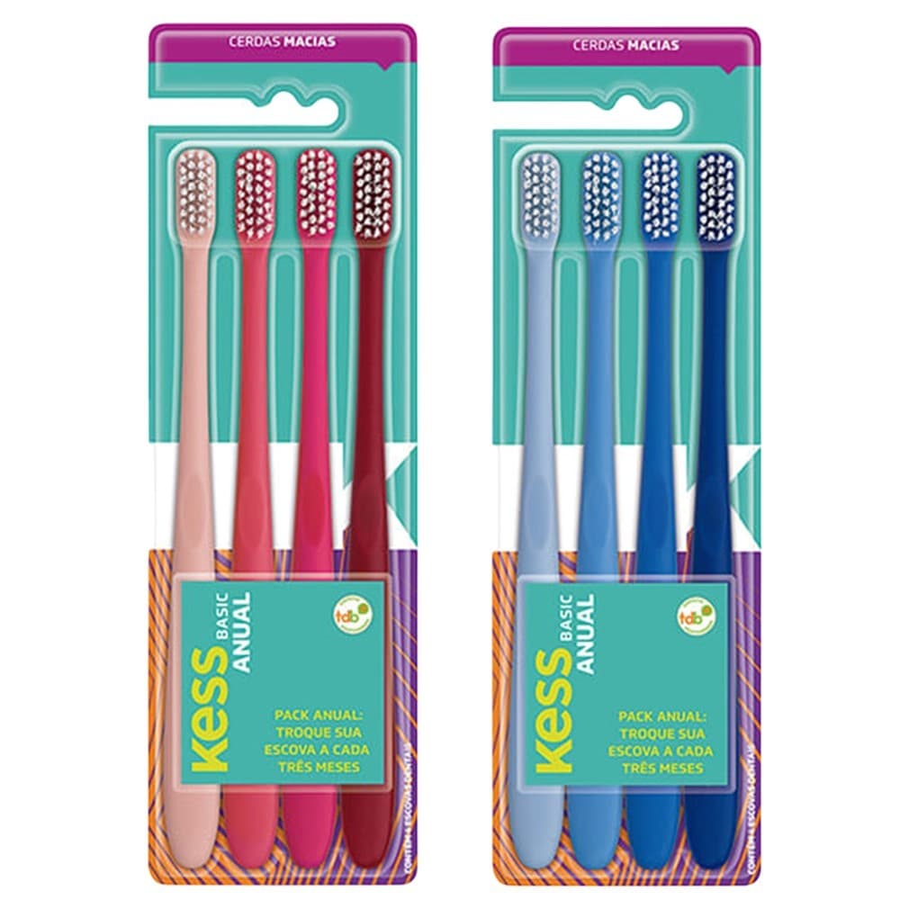 Kit 4 Escova de Dente Cerdas Macias Pack Anual Basic Kess Rosa e Azul