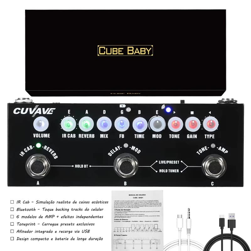 Pedal Multi-efeitos Recarregável para Guitarra com 80 Presets, IR, Bluetooth e Bateria de Longa Duração