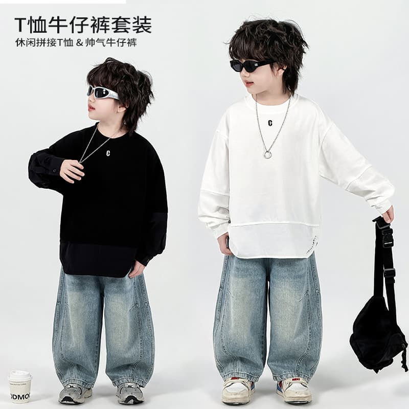 Trabalho médio meninos costura simples camiseta Jeans terno de duas peças médio grande crianças terno * ZH2768