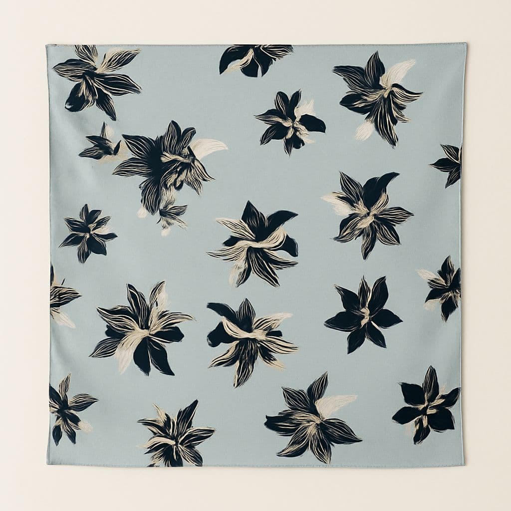 Lenço feminino crepe azul e cinza floral tendência