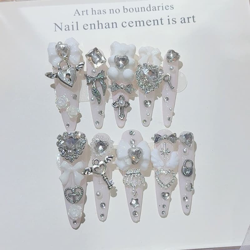 Jirai Kei Menina Longa Pontiaguda Artesanal Imprensa Em Unhas 3D Arco Diamante Urso Falsas Japonês Pérola Rosa Cruz Coro