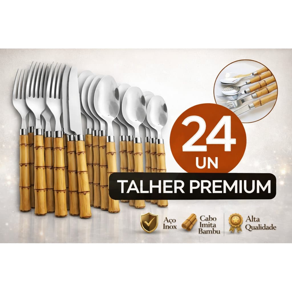 Jogo de Talheres 24 Peças Faca Garfo Colher e Colheres de Sobremesa Aço Inox de Cabo Plástico estilo Bambu