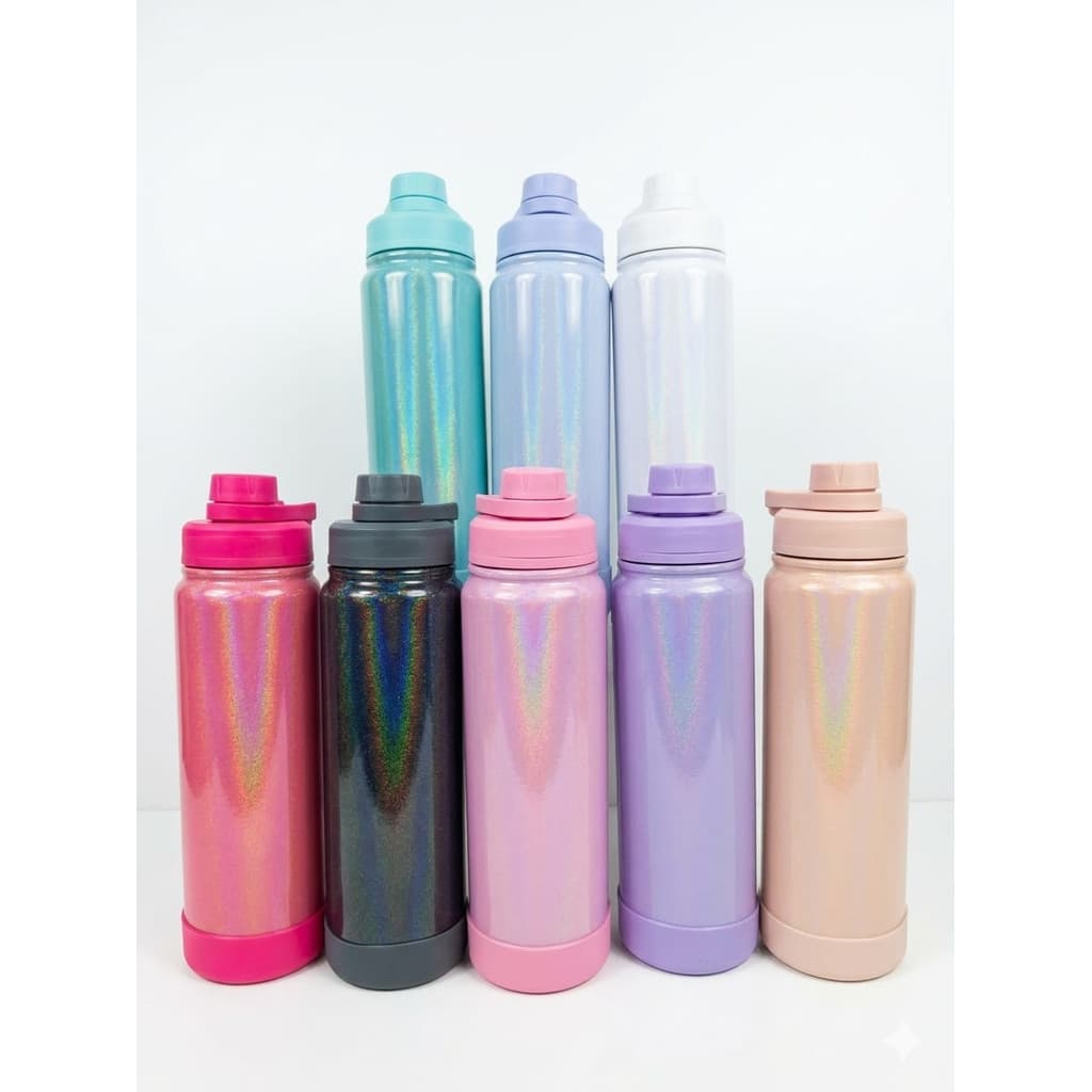 Garrafa térmica inox 800ml Glitter brilhosa com base de silicone - Personalizada a laser