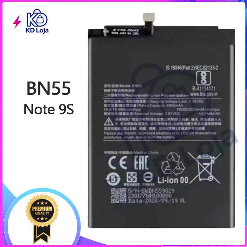 BATBateria COMPATIVEL Redmi NOTE 9S (BN55) NOVA COM GARANTIA 30 DIA