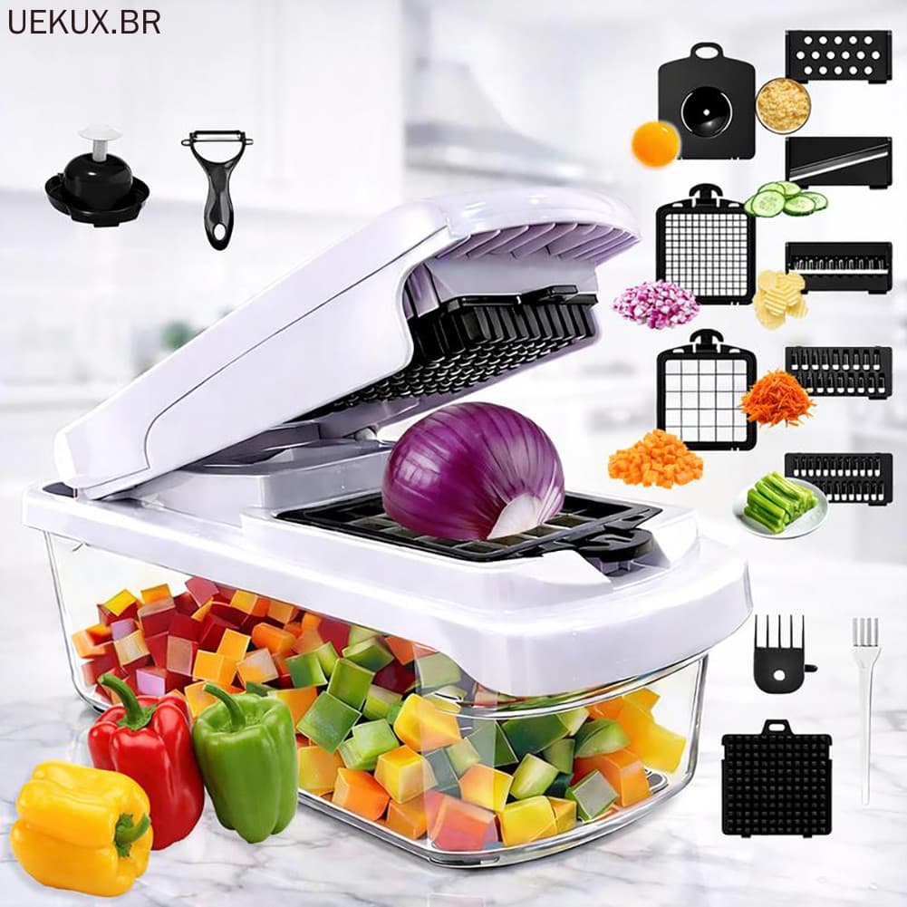 Cortador de legumes 15 em 1 – Cortador multifuncional de alimentos com recipiente, fatiador, cortador em cubos e separad
