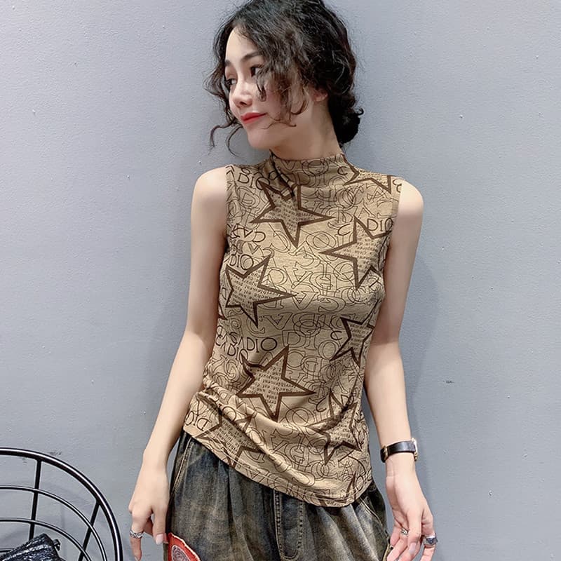 2024 outono moda impressa meia gola alta sem mangas camiseta magro-ajuste superior exterior colete feminino camisa de fu