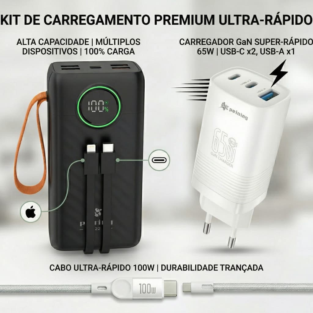 Kit Power Bank 30.000mAh + Carregador 65W + Cabo 100W Branco e Preto