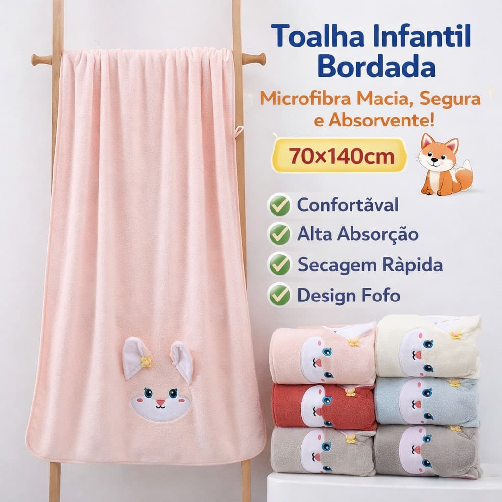 Toalha Infantil Microfibra 70x140cm | Macia, Secagem Rápida, Alta Absorção, Ideal para Banho, Praia e Piscina