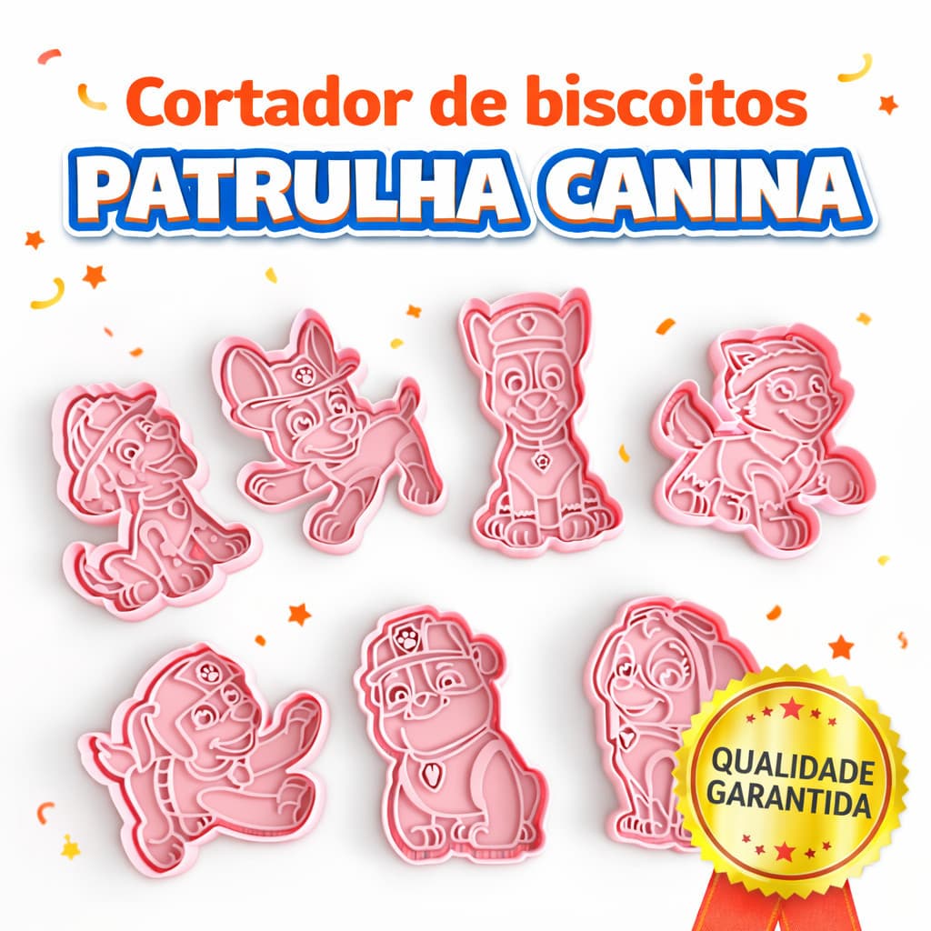 Kit Cortador de Biscoito Patrulha Canina 3D 7 Peças | Molde Cookie Cutter Infantil | Fondant Confeitaria